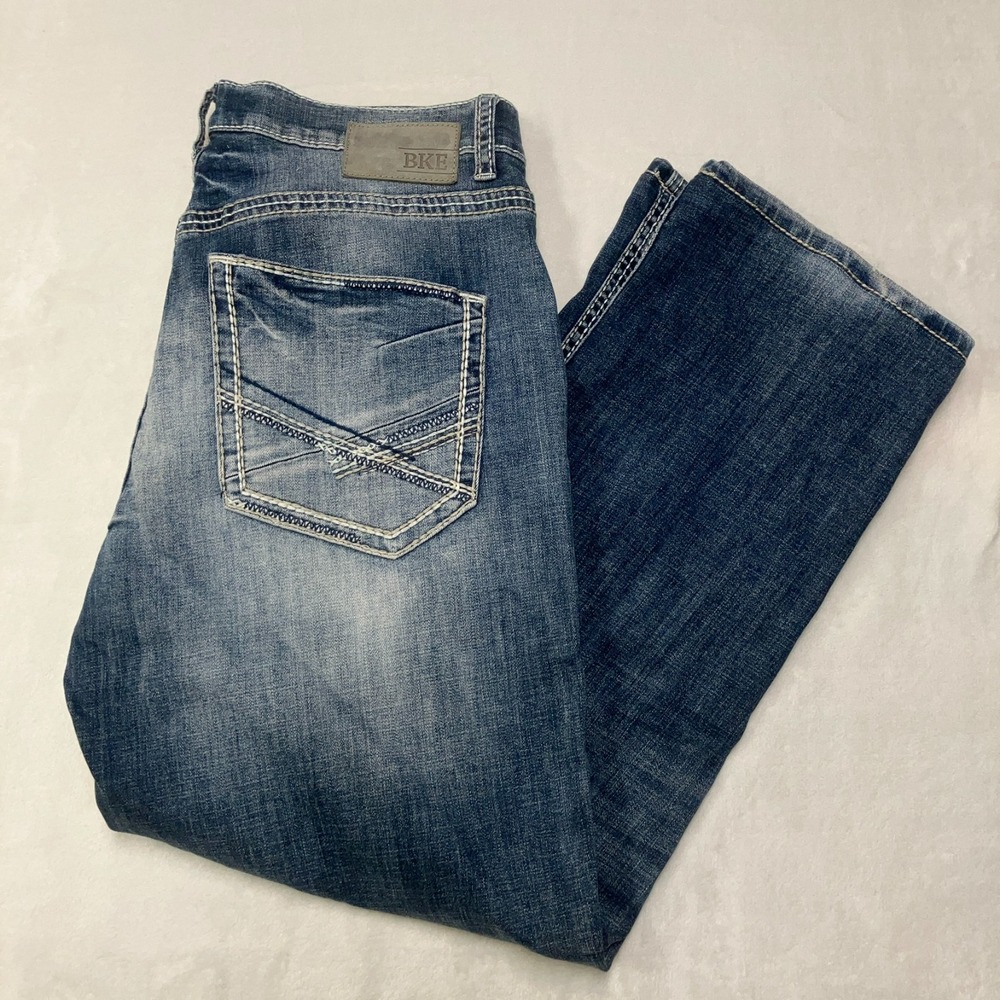 BKE Tyler Bootleg Jeans Mens 33R (Fits 34x31) Blue Dark Wash Thick Stitch Faded‎